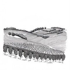 Sticker - Black and White Line Art Illustration of Rolling Hills with Vineyard.