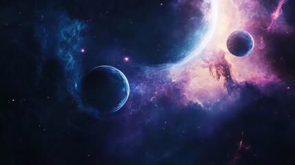 vibrant abstract planets orbiting in a dynamic space background featuring twinkling stars, distant g
