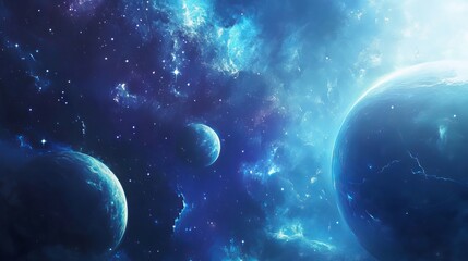 Wall Mural - vibrant abstract planets orbiting in a dynamic space background featuring twinkling stars, distant g