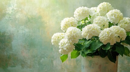 Wall Mural - Beautiful white hydrangeas bloom in a pot, framed by soft green hues in the distance