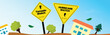 © Sabeen - Tornado or Hurricane watch warning sign. Hurricane or Tornado Watch awareness signage in front of a city and mountains. Tornado Watch Sign Vector stock illustration. Hurricane awareness poster