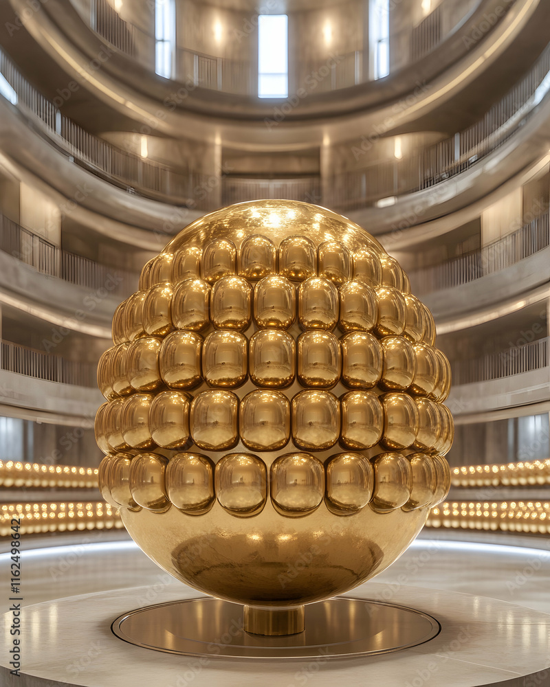 Modern golden sphere sculpture in a contemporary building's atrium ...