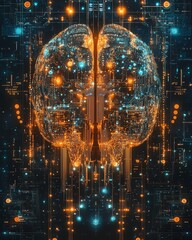 Poster - A brain with dynamic circuit patterns, reflecting AGI s merging of human intelligence and sophisticated technology systems