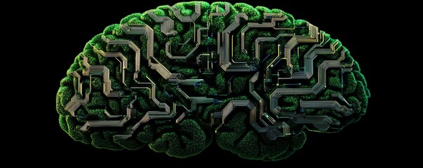 Poster - A brain with vibrant circuit connections, symbolizing the seamless fusion of AGIs humanlike reasoning and technological prowess