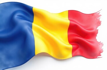 Romanian tricolore flag banner in wavy motion. Watercolor style. Blue, yellow, red colors, paintbrush form or spilled paint form on light background. Flag day celebration concept, patriotism concept