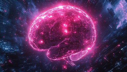 Poster - Brain with intricate digital circuit lines, representing AGIs combination of cognitive human intelligence and hightech innovation