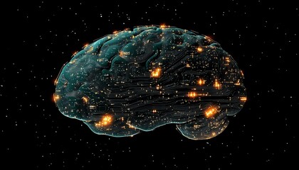 Aufkleber - Futuristic brain with interconnected circuit lines, showcasing AGI s synergy between humanlike thinking and artificial technology