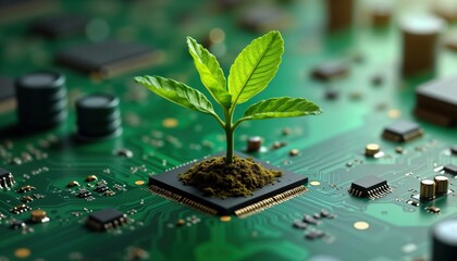 Aufkleber - Green sprout grows on computer circuit board. Eco-friendly tech concept. Sustainable. Environmentally conscious tech. Future of computing. Green computing. Growth in digital space. Nature meets