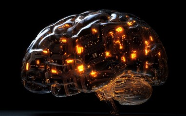 Fototapete - Human brain with glowing circuit lines, symbolizing the perfect blend of AGIs cognitive abilities and technological advancements