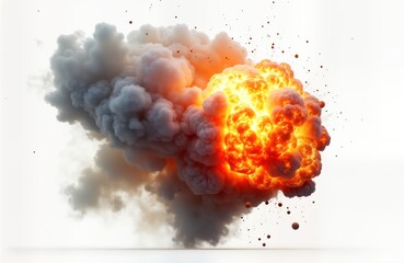Aufkleber - Large explosion of fire creates huge cloud of smoke, flames. Fiery ball of hot orange flames erupts against white background. Powerful burst of energy. Intense heat radiating outwards. Dramatic