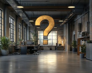 Poster - Modern office with a giant question mark, representing the uncertainty and unpredictability of future business outcomes