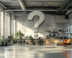 Poster - Modern office with a giant question mark, representing the uncertainty and unpredictability of future business outcomes