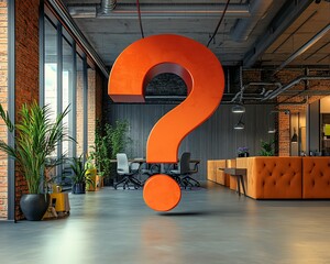 Aufkleber - A bold question mark in a contemporary office setting, symbolizing confusion and uncertainty in business decisions and future growth