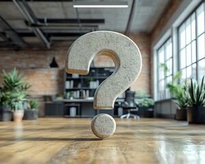 Aufkleber - A bold question mark in a contemporary office setting, symbolizing confusion and uncertainty in business decisions and future growth