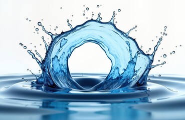 Leinwandbilder - Abstract image of vibrant blue water splash isolated on white. Splash forms rounded shape with hollow circle in center. Water flowing, dynamic with ripples, droplets. Image suggests freshness,