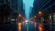 Empty city street at night. Tall buildings line street. Streetlights illuminate wet pavement. Few cars drive slowly. Modern architecture dominates urban landscape. Foggy atmosphere. Nighttime