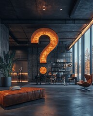 Aufkleber - A massive question mark in a modern, hightech office, representing the challenges and uncertainty businesses face in the future