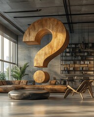 Aufkleber - A massive question mark in a modern, hightech office, representing the challenges and uncertainty businesses face in the future