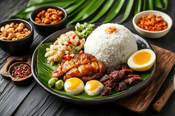 Wall Mural - Scrumptious Asian Rice Plate with Chicken, Meat, and Eggs