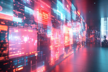 Wall Mural - a futuristic corridor displays a wall of vibrant, glowing screens showcasing a complex network of da