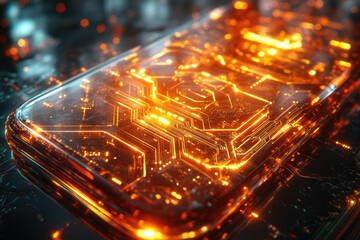 Wall Mural - glowing orange circuit board encased in glass, futuristic technology concept.