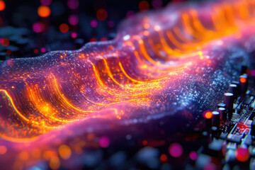 Wall Mural - abstract digital wave of glowing orange and purple light flowing over a circuit board.