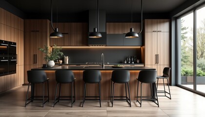 Modern kitchen with dark wooden cabinets, black countertop island. Stylish black barstools arranged around island. Kitchen design minimalist, comfortable. Daylight streams in through large windows.