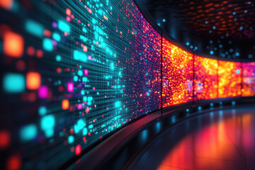 Wall Mural - curved digital display showcasing vibrant data streams, visualizing complex information and network 