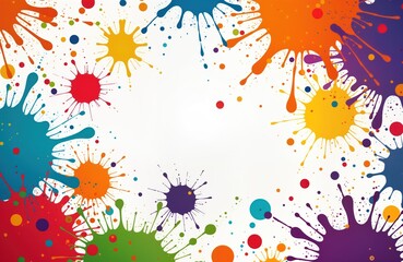 Poster - Colorful paint splatters create vibrant pattern on white background. Vivid hues explode in dynamic display. Abstract design with many colors, messy texture. Artistic creation suitable for various