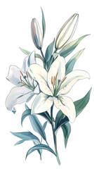 Poster - White lilies blossoming, symbolizing purity and grace, ideal for wedding stationery, greeting cards, elegant design compositions