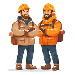 Two smiling construction workers in winter jackets and hard hats, standing together in the snow.