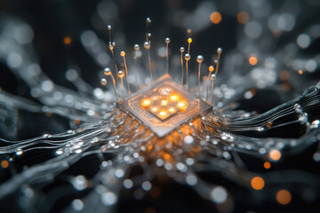 Wall Mural - a futuristic microchip with glowing connections, representing advanced technology and neural network