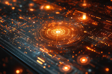 Wall Mural - abstract futuristic technology background with glowing orange circuits and nodes.