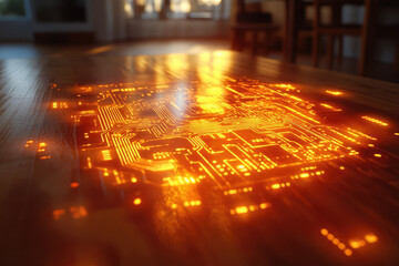 Wall Mural - glowing circuit board pattern projected onto a wooden surface, futuristic technology concept.