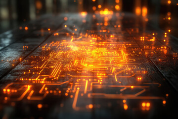 Wall Mural - glowing orange circuit board design on dark wooden surface, futuristic technology concept.
