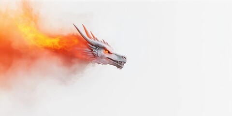 Wall Mural - A dragon is flying through a cloud of smoke. The dragon is white and red, with red eyes. The smoke is orange and billowing behind the dragon, creating a sense of movement and power