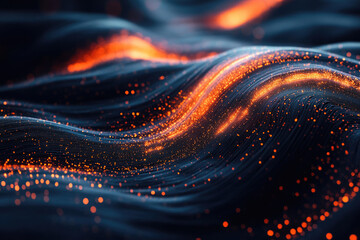 Wall Mural - abstract digital wave with glowing orange particles, dark background, flowing lines.