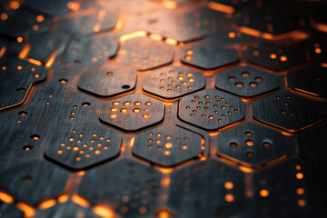 Wall Mural - abstract image of a dark metallic surface with hexagonal patterns illuminated with orange light, sug