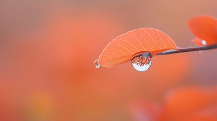 Wall Mural - Stunning Autumn Leaf with Dewdrop Macro Photography