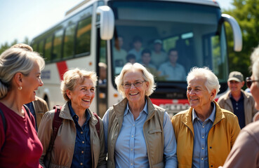 Group of happy senior tour participants stands in front of tour bus. They are smiling and seem to be enjoying their journey. Outdoors activity and lifestyle concept is shown in the photo.