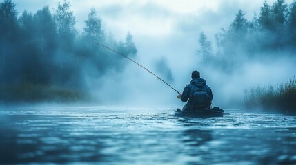 Solitary angler fly fishing in a misty river at dawn.