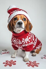 Wall Mural - beagle in winter sweater photoshoot