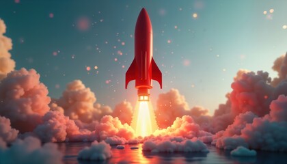 red rocket launches from water into fluffy clouds at sunrise. successful launch of futuristic vehicl