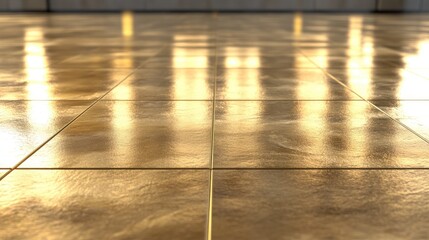 Wall Mural - Shiny Golden Floor Tiles Reflecting Light in Modern Interior Space