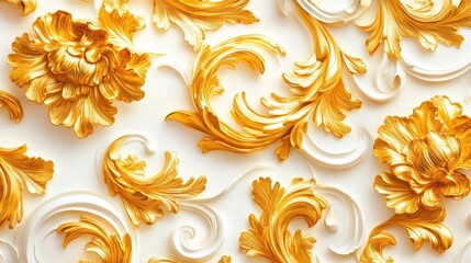 Wall Mural - Ornate Gold Floral Design with Elegant Swirls on White Background