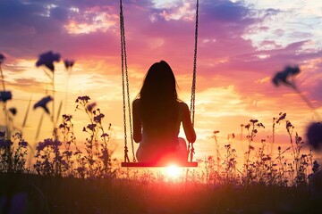 Canvas Print - Woman Silhouetted on Swing at Sunset Meadow