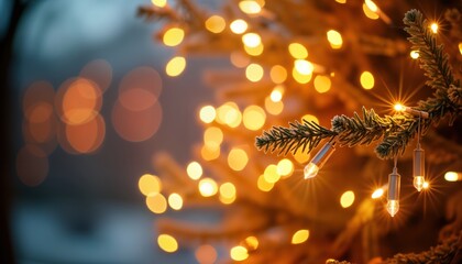Wall Mural - golden christmas lights illuminate tree branch. warm soft glow creates festive atmosphere. elegant h