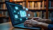 © miss irine - Person uses laptop for online electronic books. Virtual e-book concept in digital library. Person studies online course reads e-learning material. Library tech concept. Digital learning e-learning