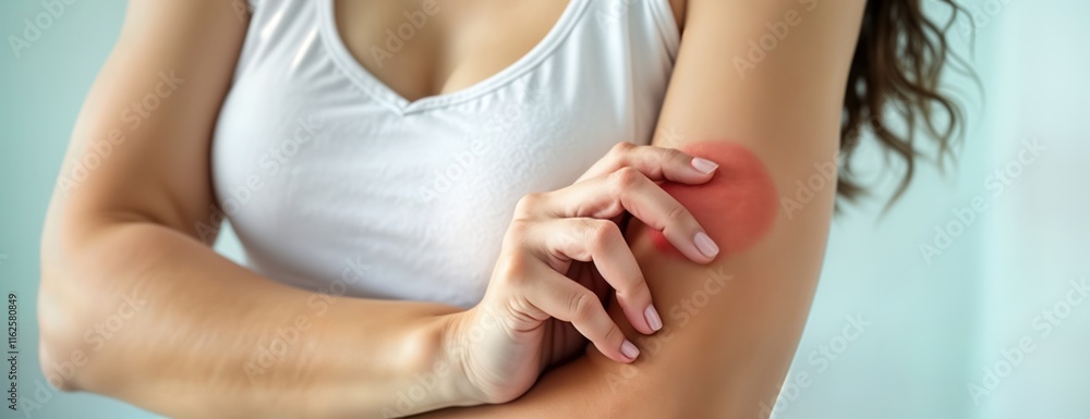 Young Asian woman scratching itchy red rash on arm. Allergic reaction ...