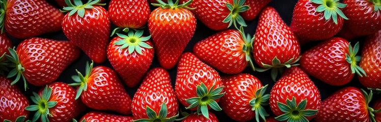 Wall Mural - Many fresh red strawberries arranged closely together show vibrant red color, green leaves. Top view panoramic view provides healthy food background with organic produce. Ideal for food blogs